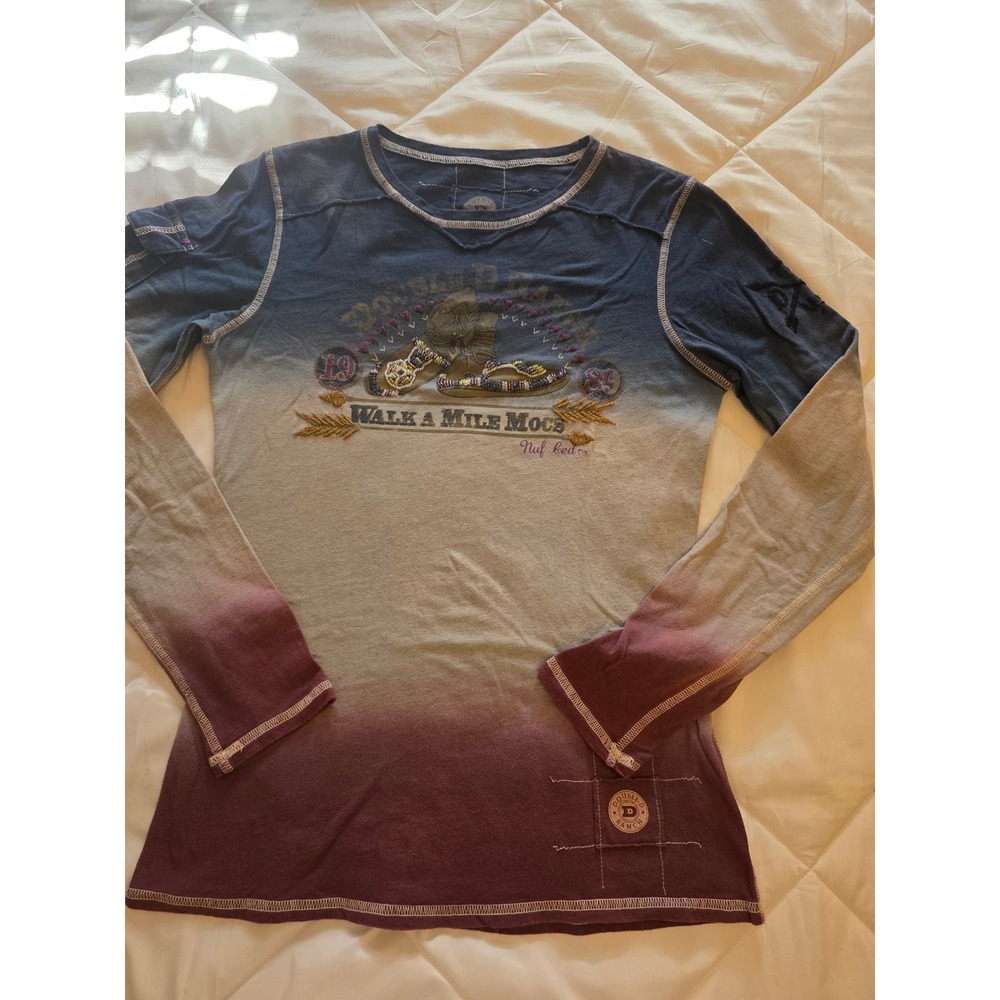 Double D Ranch Women Blue Ombre Walk a Mile Mocs Graphic Long Sleeve Shirt S